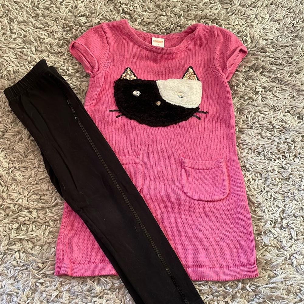 2017 Gymboree “Tails of the City” Cat Sweater Dress & Leggings, Size 4